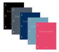 Five Subject Wirebound Notebook, College Ruled, 180 Sheets, 10.5" x 8", Assorted Fashion Color Covers