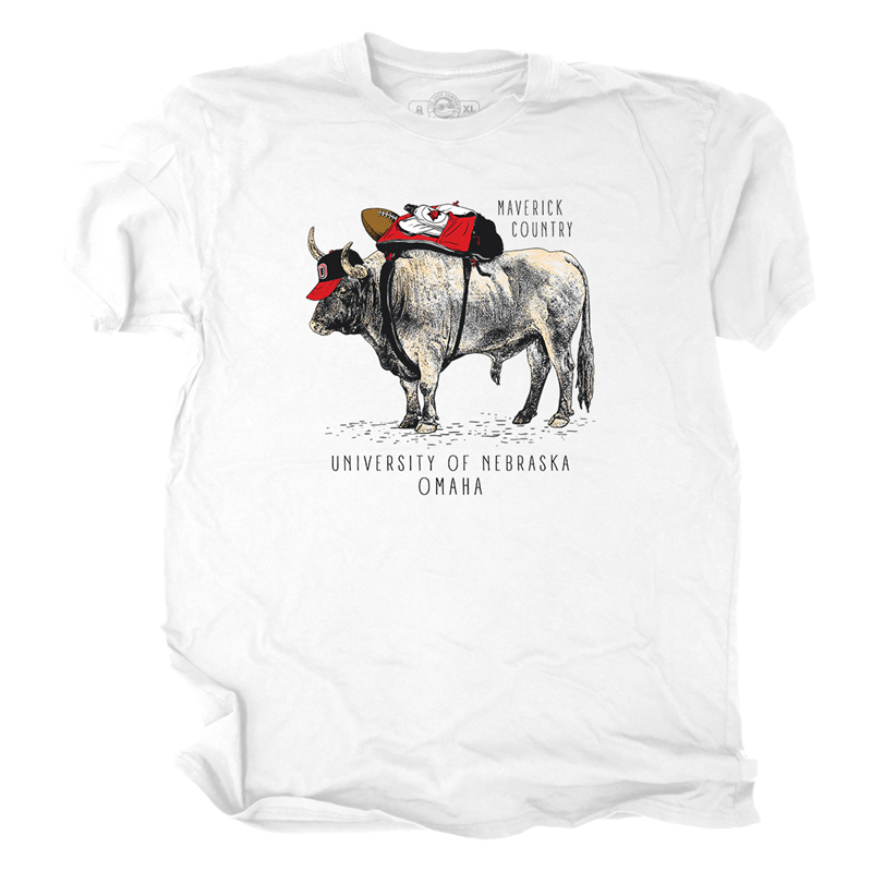 The Duck Company White Maverick Country Bull With Backpack University Of Nebraska Omaha T-Shirt